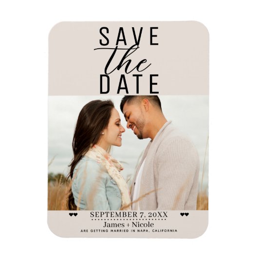 赤面モダンタン日付の写結婚真を保存 マグネット (縦)
