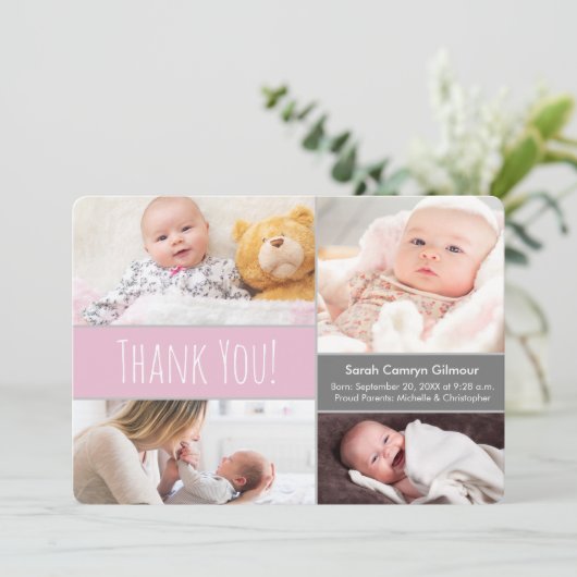 赤面モダンピンクとグレーウェルカムホームベビーガール サンキューカード (スタンド正面)