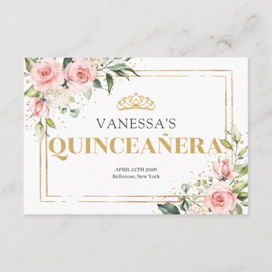 赤面モダンピンクのバラ金ゴールドティアラユーカリ エンクロージャーカード (裏面)