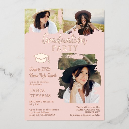 赤面モダンピンクのブラシストローク3枚の写真卒業 箔招待状 (正面)