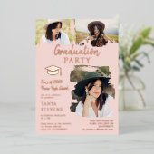 赤面モダンピンクのブラシストローク3枚の写真卒業 箔招待状 (立ち正面)