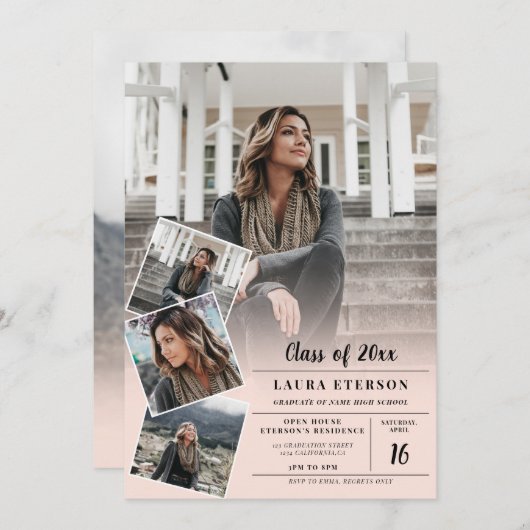 赤面モダンピンクのミニマル写真卒業 招待状 (正面/裏面)