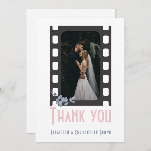 赤面モダンピンクの映画に写真フローラを追加結婚する サンキューカード (正面/裏面)