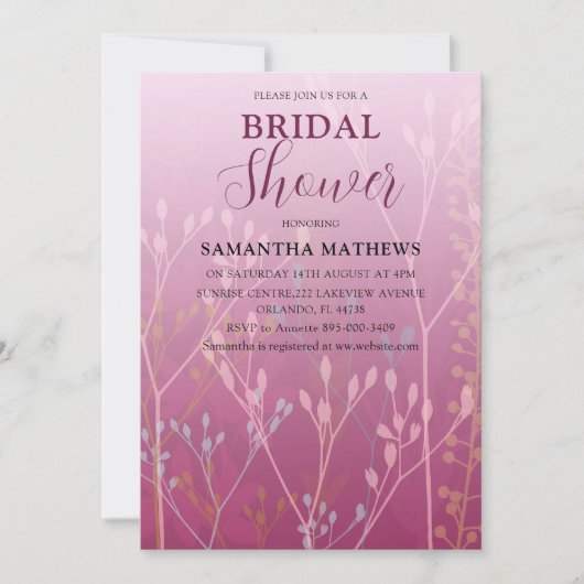 赤面モダンピンクの葉ブライダルシャワー招待状 招待状 (正面)