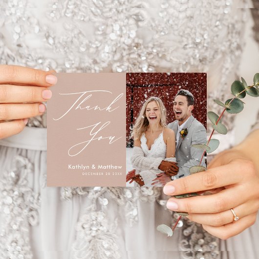 赤面モダンピンクエレガントフォト結婚スクリプト サンキューカード