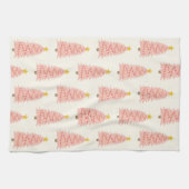 赤面モダンピンククリスマスツリーオンアイボリーホリデー キッチンタオル (横)