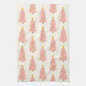 赤面モダンピンククリスマスツリーオンアイボリーホリデー キッチンタオル (縦)
