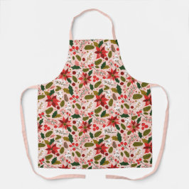 赤面モダンピンククリスマスポインセチア模様 エプロン