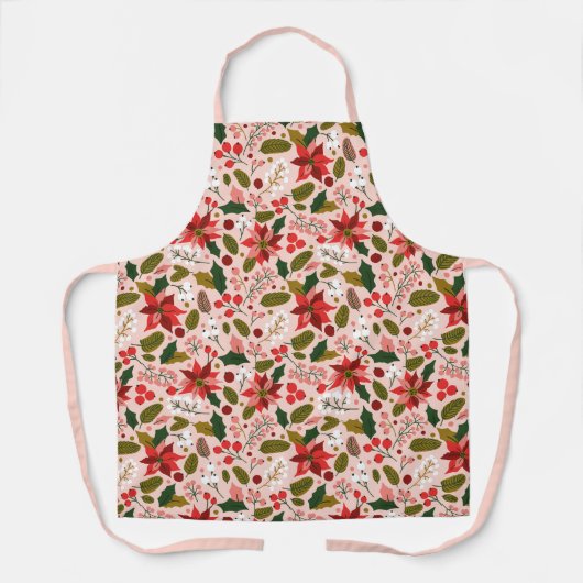 赤面モダンピンククリスマスポインセチア模様 エプロン (正面)
