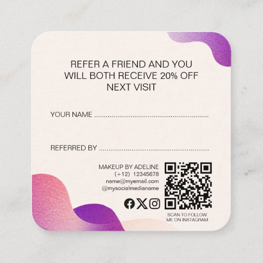 赤面モダンピンクグラデーション波メイクアップアーティスト 紹介カード (裏面)