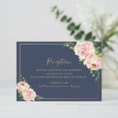 赤面モダンピンクネイビーフローラウェディングレセプション エンクロージャーカード (スタンド正面)