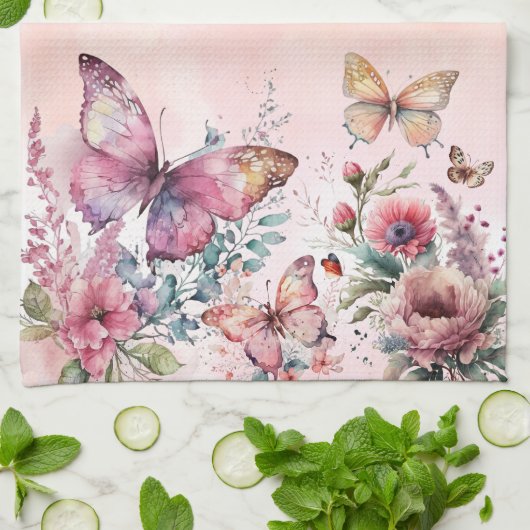 赤面モダンピンクバタフライワイルドフラワーファミリー キッチンタオル (折り畳み)