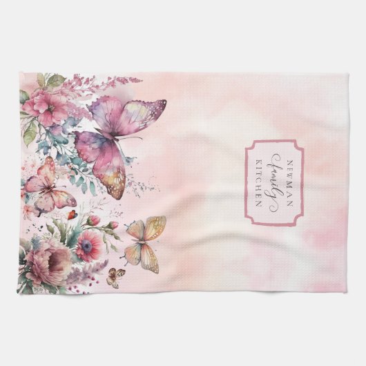 赤面モダンピンクバタフライワイルドフラワーファミリー キッチンタオル (横)