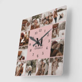 赤面モダンピンクファミリー12フォトコラージモノグラム スクエア壁時計 (傾斜)