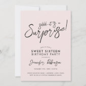 赤面モダンピンクフォトサプライズスウィート16 招待状 (正面)