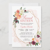 赤面モダンピンクフローラスウィート16誕生日パーティー 招待状 (正面)