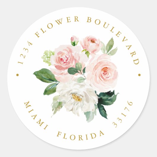 赤面モダンピンクブーケボタニカル差出人住所 ラウンドシール (正面)