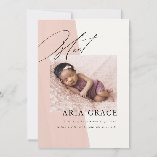 赤面モダンピンクベビーガール誕生 案内状 (正面)