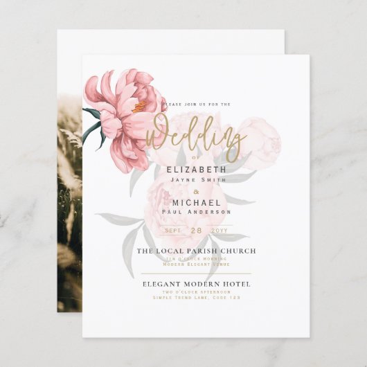 赤面モダンピンクペニーフローラ結婚式の招待 (正面/裏面)