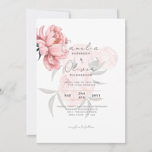 赤面モダンピンクペニーフローラ結婚式の招待 招待状 (正面)