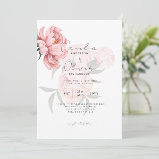 赤面モダンピンクペニーフローラ結婚式の招待 招待状 (スタンド正面)