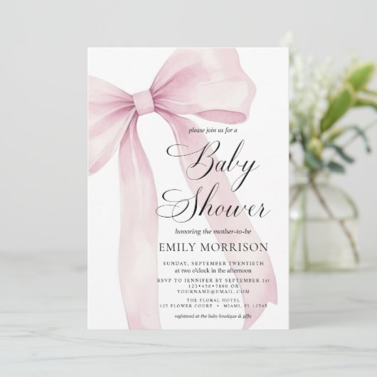 赤面モダンピンクボウガールウォーター色ベビーシャワー 招待状 (スタンド正面)