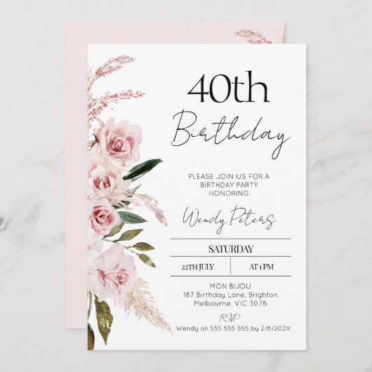 赤面モダンピンクボホフローラ誕生日招待状 招待状 (正面/裏面)