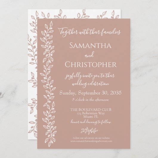 赤面モダンピンクボミニマルホボタニカル結婚ズ 招待状 (正面/裏面)