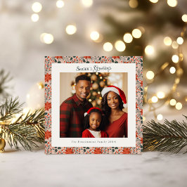 赤面モダンピンクポインセチア写真クリスマス カード