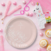 赤面モダンピンクモノグラムフローラ紙プレート ペーパープレート (パーティー)