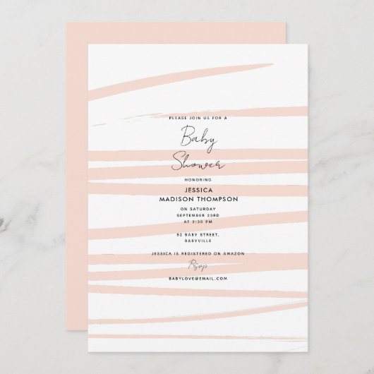 赤面モダンピンクライン抽象芸術アートベビーシャワー 招待状 (正面/裏面)