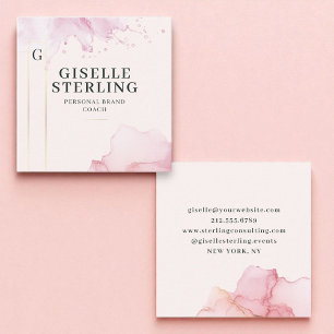 赤面モダンピンクラグジュアリーウォーターカラーゴールドフォイル スクエア名刺