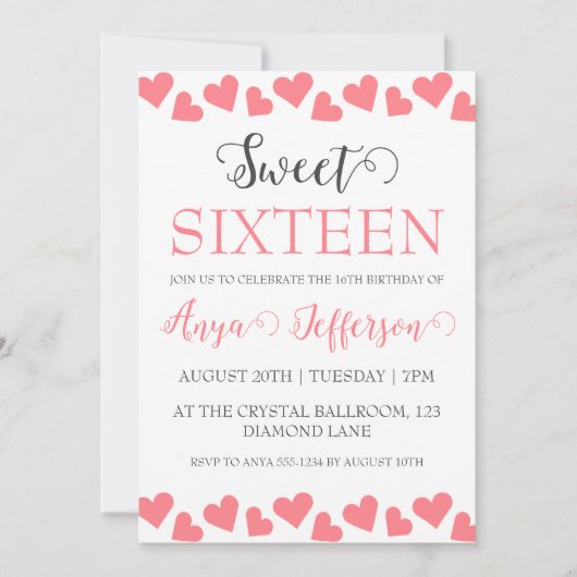 赤面モダンピンク甘い16誕生日招待状 招待状 (正面)