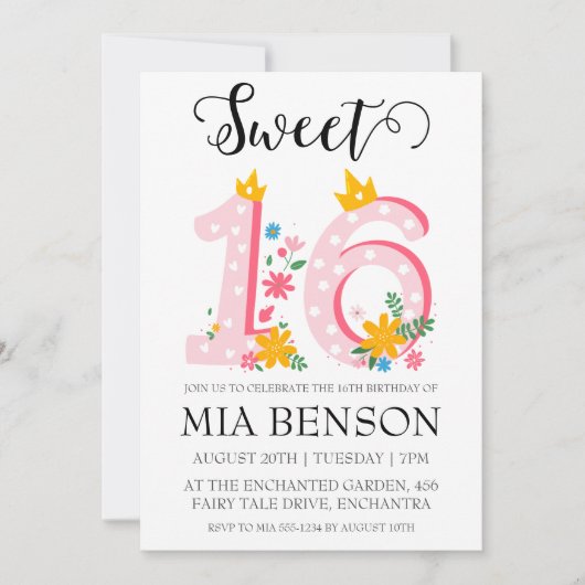赤面モダンピンク甘い16誕生日招待状 招待状 (正面)