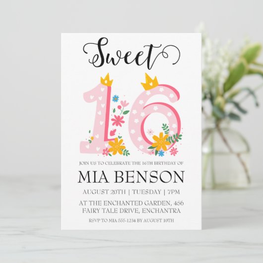 赤面モダンピンク甘い16誕生日招待状 招待状 (スタンド正面)