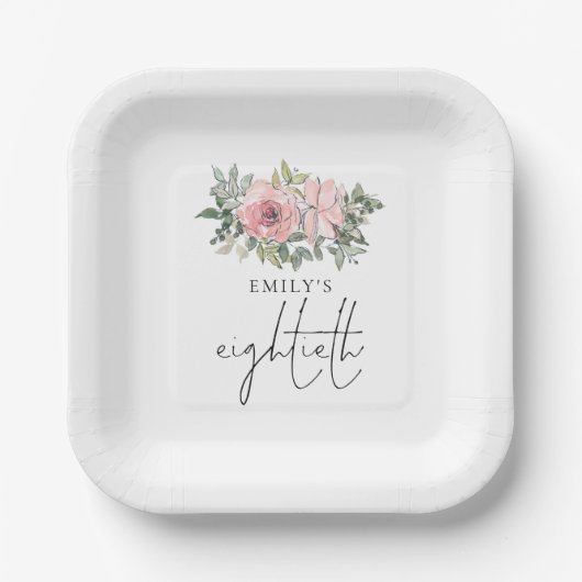 赤面モダンピンク花模様80th誕生日パーティー ペーパープレート (正面)