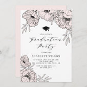 赤面モダンピンク花花卒業式パーティー 招待状 (正面/裏面)