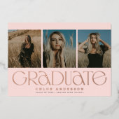 赤面モダンピンク3写真卒業発表 箔招待状 (正面)