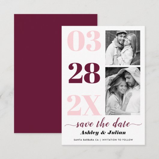 赤面モダンピンク、ブルゴーニュタイポグラフィ2枚の写真 セーブザデート (正面/裏面)