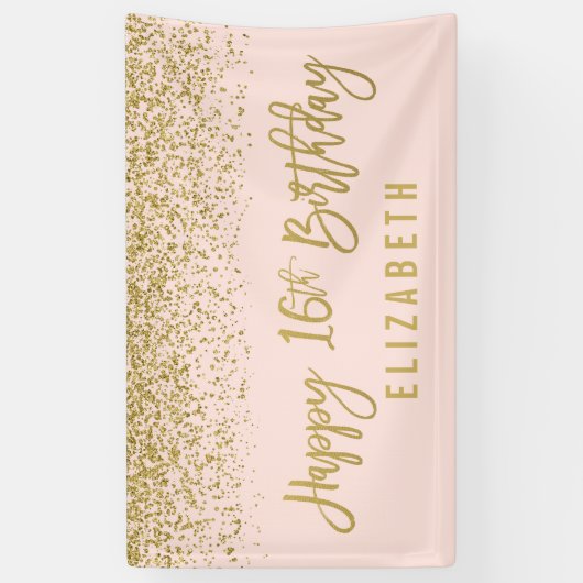 赤面モダンピンフェイクク金ゴールドグリッター16誕生日 横断幕 (縦)