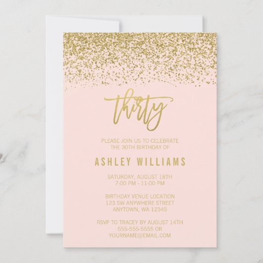 赤面モダンピンフェイクク金ゴールドグリッター30歳誕生日 招待状 (正面)