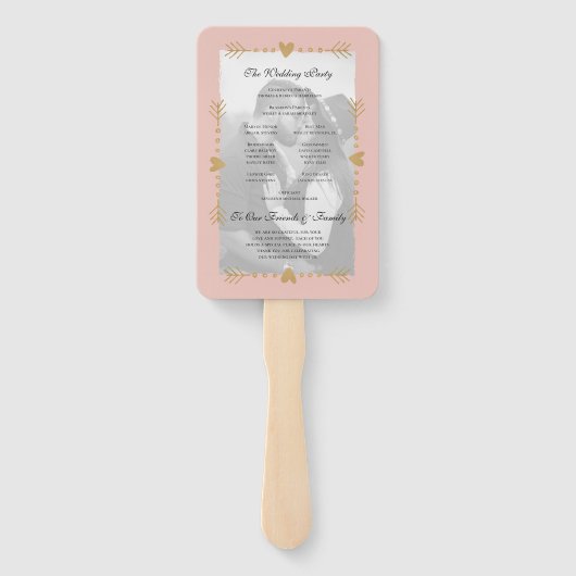 赤面モダンフォト金ゴールドハート結婚式 プログラム ハンドファン (裏面)