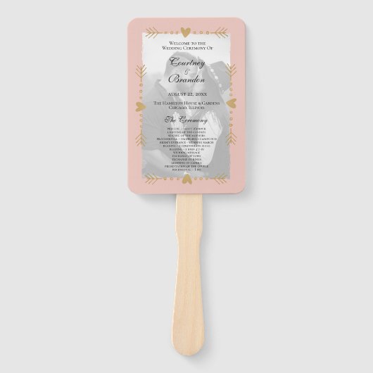 赤面モダンフォト金ゴールドハート結婚式 プログラム ハンドファン (正面)