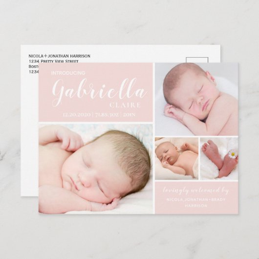 赤面モダンベビーガール生誕発表葉書 ポストカード (正面/裏面)