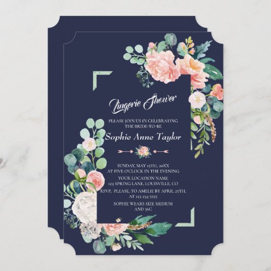 赤面モダンホワイトフローラフレームランジェリーシャワー 招待状 (正面/裏面)