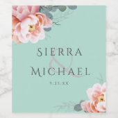 赤面モダンミントグリーンフローラウェディングレセプション ワインラベル (シングルラベル)