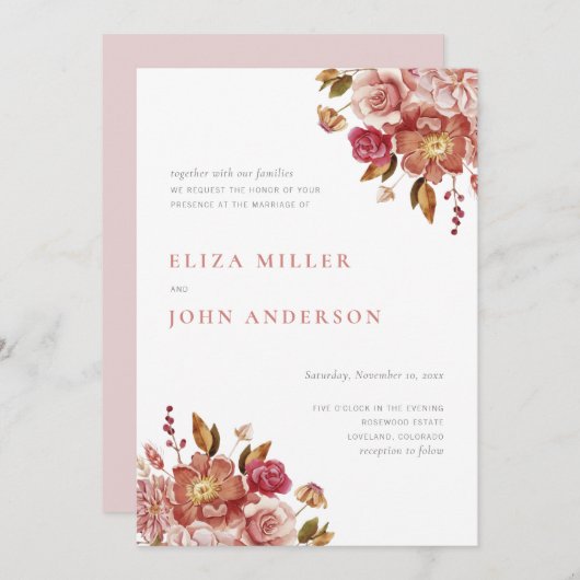 赤面モダン素朴の水色フローラ結婚の 招待状 (正面/裏面)