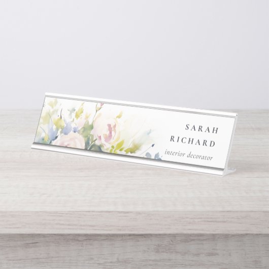 赤面モダン薄紫水色バラフローラバンチ デスクネームプレート (正面)