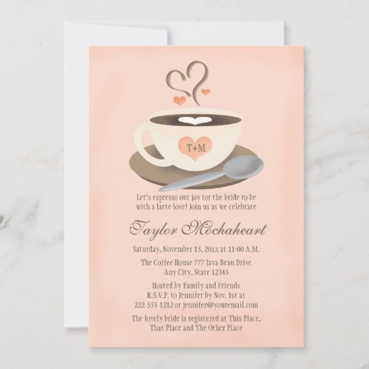 赤面モノグラムのハートコーヒーカップブライダルシャワー 招待状 (正面)