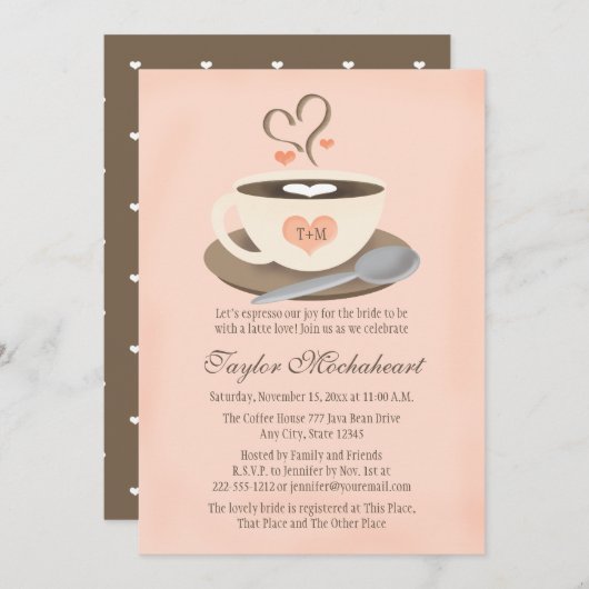 赤面モノグラムのハートコーヒーカップブライダルシャワー 招待状 (正面/裏面)